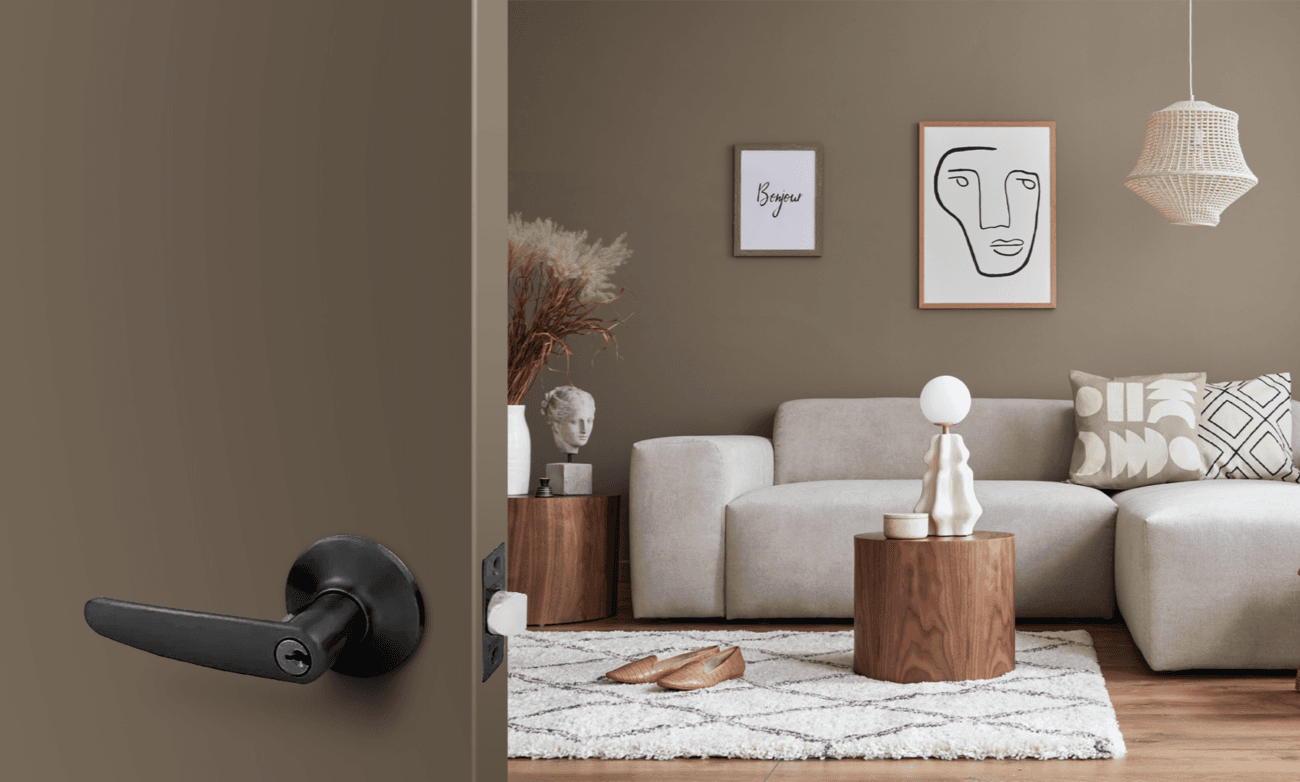 black privacy door handle opening to lounge